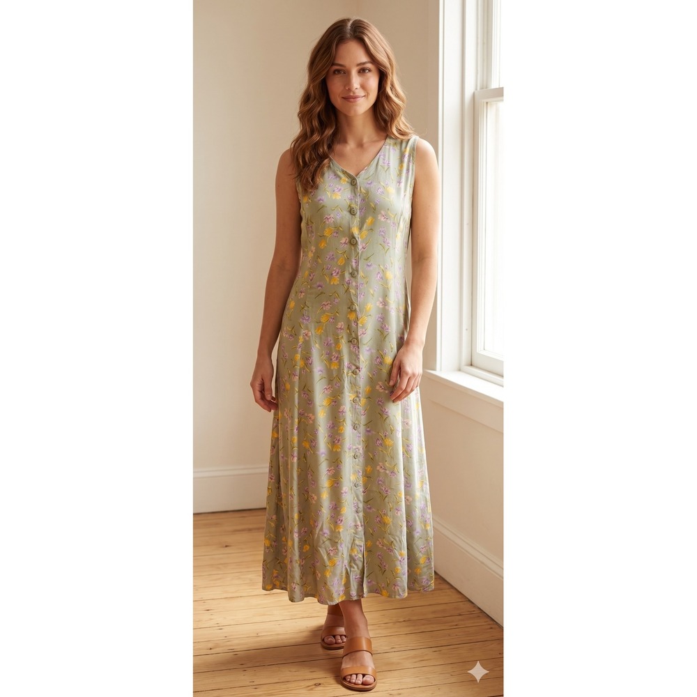 Vintage 90s Toujours Dress S Maxi Floral Laced Tie Back Button Cottagecore Boho